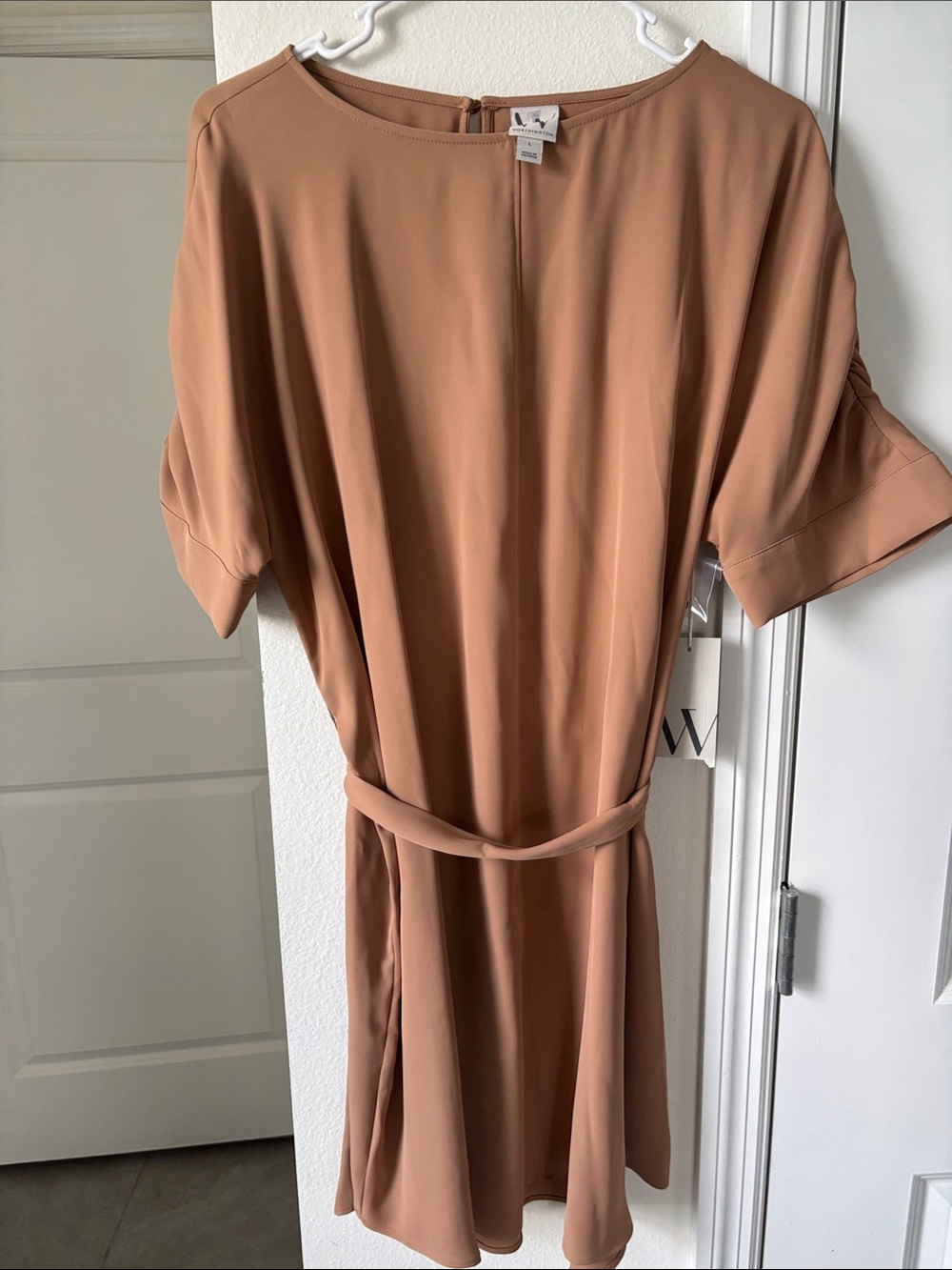 Worthington Camel Short-Sleeve Tie-Waist Mini Dress